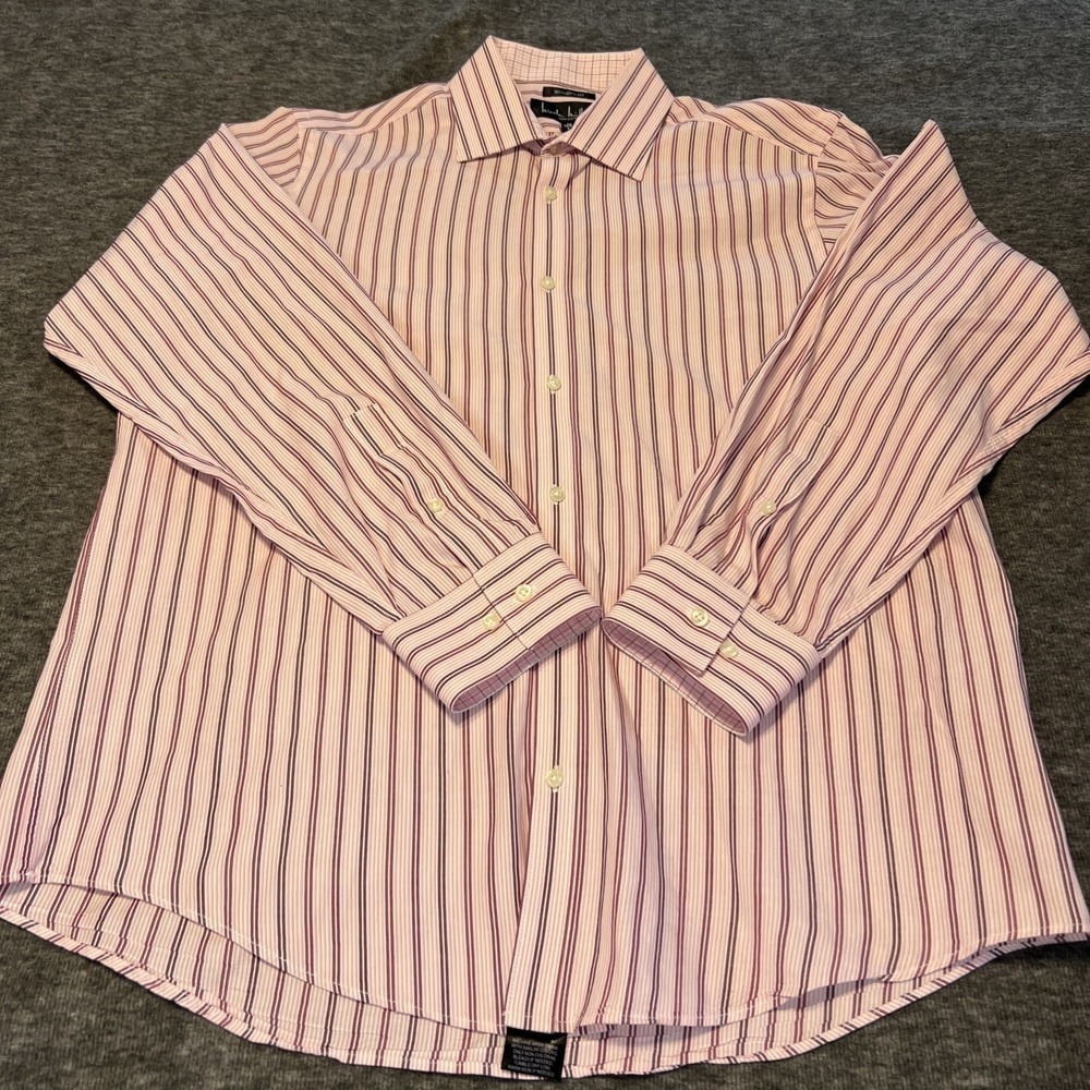 Nicole Miller Dress Shirt Mens Large 16 32-33 Pink Stripe Flip Cuff Long Sleeve